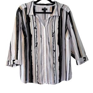 Erika stripe print collar button front blouse in neutral colors size 2X